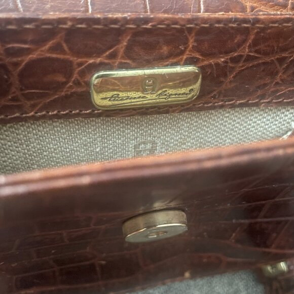 Aigner Dark Brown Croc Embossed Leather Logo Flap Crossbody Bag - Picture 4 of 8
